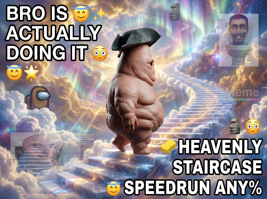 Brainrot Only Bro climbing the heavenly staircase meme